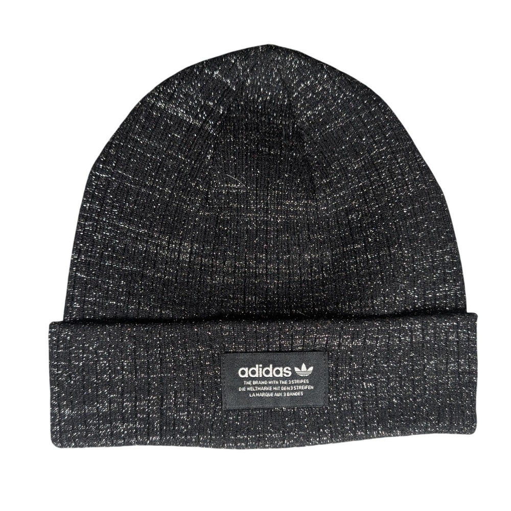 Adidas Originals Black Silver Metallic Shimmer Trefoil Cuffed Beanie Hat Knit
